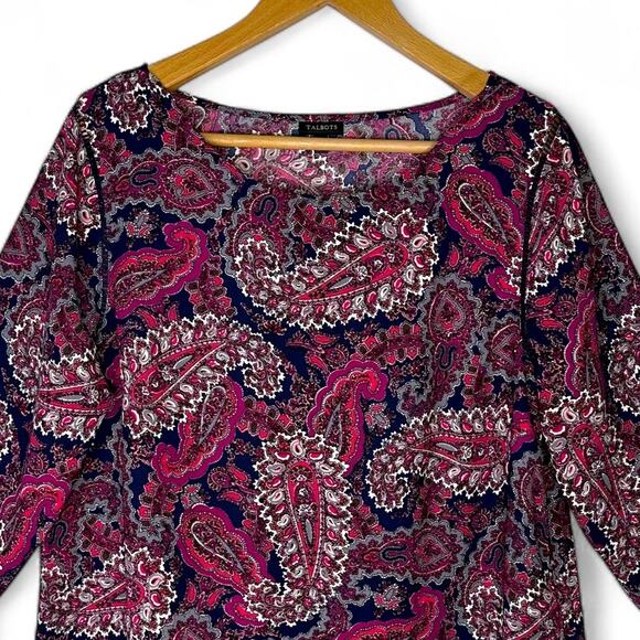 Talbots Women's Paisley Three-Quarter Peplum Sleeve Crepe Top L Fuchsia Purple - Picture 3 of 11